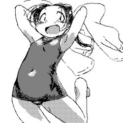 Rule 34 | arms behind head, blush, dithering, greyscale, jumping, lowres, monochrome, oekaki, one-piece swimsuit, open mouth, school swimsuit, simple background, solo, swimsuit
