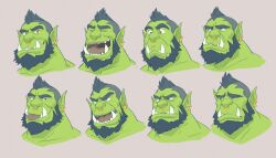 Rule 34 | 1boy, :p, bara, beard, black hair, closed mouth, colored skin, cropped torso, expression chart, facial hair, frown, full beard, green skin, laughing, looking ahead, male focus, mature male, monster boy, nose piercing, nose ring, orc, original, piercing, pointy ears, raised eyebrows, sad, saltypoundcake, smile, squinting, surprised, thick beard, thick eyebrows, tongue, tongue out, tormuk (saltypoundcake), tusks