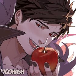 Rule 34 | 1boy, 700hash, apple, artist name, belial (granblue fantasy), black hair, black jacket, feather boa, food, fruit, granblue fantasy, highres, holding, holding food, holding fruit, jacket, male focus, open mouth, red apple, red eyes, short hair, solo, tongue, tongue out