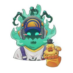 Rule 34 | 1boy, bad link, blush, bow, bowtie, gloves, hat, headphones, janitor thresh, league of legends, looking at viewer, rubber duck, rubber gloves, sacorxi, shirt, solo, thresh (league of legends), top hat, white background