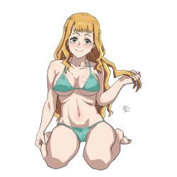 Rule 34 | 1girl, absurdres, aldwelter, barefoot, bikini, black clover, braid, breasts, earrings, full body, green bikini, green eyes, hand in own hair, highres, jewelry, kneeling, large breasts, long hair, looking at viewer, mimosa vermillion, simple background, smile, solo, swimsuit, tagme, white background