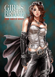 Rule 34 | 1girl, armlet, belt, bracelet, breasts, brown hair, cleavage, coat, corset, cover, elbow gloves, escape (go-busters), eyeshadow, eyewear on head, fingerless gloves, gloves, jewelry, large breasts, lipstick, long hair, looking at viewer, makeup, midriff, nail polish, sleeveless, solo, sunglasses, super sentai, tabe koji, tokumei sentai go-busters