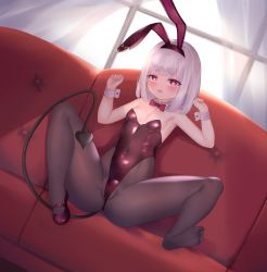 Rule 34 | 1girl, absurdres, animal ears, bad id, bad pixiv id, bare shoulders, black pantyhose, bow, bowtie, breasts, couch, demon tail, detached collar, fake animal ears, heart, heart-shaped pupils, highres, leotard, pantyhose, playboy bunny, rabbit ears, rabbit tail, red bow, red bowtie, red eyes, red leotard, shakumaru, shoes, short hair, silver hair, single shoe, small breasts, solo, spread legs, strapless, strapless leotard, symbol-shaped pupils, tail, wrist cuffs