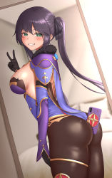 Rule 34 | 1girl, 1nilla&#039;, absurdres, ass, bare shoulders, between buttocks, blush, breasts, cellphone, elbow gloves, female focus, from behind, from side, genshin impact, gloves, green eyes, grin, hair ornament, hair ribbon, half-closed eyes, highres, leotard, long hair, looking at viewer, looking back, medium breasts, mirror, mona (genshin impact), pantyhose, phone, purple hair, reflection, ribbon, selfie, shiny clothes, shiny skin, sideboob, smile, solo, twintails, very long hair