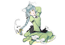 Rule 34 | 1girl, ahoge, animal, animal ear fluff, animal ears, aoi sakurako, apron, arm behind head, arm up, black apron, boots, braid, cat, cat ears, colored shadow, commentary request, dress, flying sweatdrops, frilled apron, frills, full body, green dress, green footwear, hair ribbon, highres, juliet sleeves, long hair, long sleeves, open mouth, original, puffy sleeves, ribbon, shadow, silver hair, sitting, slit pupils, solo, very long hair, waist apron, wavy mouth, white background, white cat, wide sleeves, yellow eyes, yellow ribbon, yokozuwari