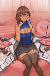 Rule 34 | 1girl, absurdres, arm ribbon, armband, bandaged leg, bandages, bare shoulders, bed, belt, black skirt, black survival, blood, blood on clothes, bloody bandages, blue eyes, blue ribbon, blue shirt, bonesaw, bra, bra peek, breasts, brown gloves, brown hair, brown thighhighs, cathy huggins, cleavage, cleavage cutout, clothes on bed, clothing cutout, coat, curtains, dagger, dark-skinned female, dark skin, eternal return: black survival, frilled bra, frilled panties, frills, gloves, hair between eyes, hair undone, hand on own face, heart, heart-shaped pupils, highres, knees together feet apart, knife, large breasts, long hair, looking at viewer, mistcastle, on bed, open belt, open clothes, open mouth, open skirt, panties, panty peek, pencil skirt, pillow, ribbed shirt, ribbon, saw, scissors, shirt, sitting, skirt, sleeveless, sleeveless shirt, sleeveless turtleneck, smile, solo, stethoscope, surgical scissors, symbol-shaped pupils, teeth, thighhighs, torn clothes, torn skirt, turtleneck, underwear, unworn coat, unworn gloves, upper teeth only, weapon, yes, yes-no pillow, zettai ryouiki