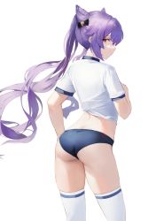 Rule 34 | 1girl, arched back, ass, black bow, blue buruma, bow, buruma, butt crack, cone hair bun, floating hair, from behind, genshin impact, gym uniform, hair bow, hair bun, hand up, highres, keqing (genshin impact), leviathan (hikinito0902), long hair, looking at viewer, looking back, nape, profile, purple eyes, purple hair, raised eyebrow, shirt, short sleeves, sidelocks, simple background, solo, standing, symbol-shaped pupils, thighhighs, thighs, twintails, white background, white shirt, white thighhighs