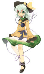 1girl bad_id bad_pixiv_id female_focus full_body green_eyes green_hair hat hat_ribbon highres komeiji_koishi matching_hair/eyes meimone ribbon short_hair simple_background skirt solo sun_hat touhou white_background