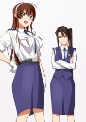 Rule 34 | 2girls, :d, ahoge, alternate costume, ashigara (kancolle), baron (nsbaron), belt, between breasts, blue neckwear, blue skirt, blue vest, breast pocket, breasts, brown hair, closed mouth, collared shirt, crossed arms, feet out of frame, gloves, hairband, hand on own hip, kantai collection, large breasts, light brown hair, long hair, long sleeves, looking at viewer, medium skirt, multiple girls, nachi (kancolle), necktie, necktie between breasts, open mouth, pencil, pencil skirt, pocket, shirt, short sleeves, side ponytail, simple background, skirt, smile, standing, taiho shichauzo, tsurime, v-shaped eyebrows, vest, white background, white gloves, white hairband, white shirt, wing collar