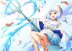Rule 34 | 1girl, absurdres, ancient greek clothes, blue eyes, blue hair, blunt bangs, dress, ebi-chan (gawr gura), fins, fish tail, gawr gura, gawr gura (party dress), greco-roman clothes, hair tie, highres, hololive, hololive english, holomyth, jewelry, kyouwashi, multicolored hair, necklace, open mouth, polearm, see-through, shark girl, shark tail, sharp teeth, shrimp, streaked hair, tail, teeth, trident, virtual youtuber, water, weapon, white dress, white hair