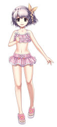 Rule 34 | 1girl, bikini, bikini skirt, brown eyes, clenched hand, collarbone, cross edge, flower, frills, full body, grey hair, hair ornament, hand up, hirano katsuyuki, looking at viewer, may (cross edge), miniskirt, navel, official art, open mouth, plaid, purple hair, ribbon, sandals, shoes, short hair, simple background, skirt, smile, solo, standing, swimsuit, tankini, toes, white background