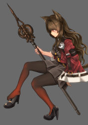 Rule 34 | 1girl, animal ears, arknights, black footwear, black pantyhose, black shirt, black skirt, breasts, brown hair, cat ears, cat tail, commentary request, earrings, feet, from side, grey background, high heels, highres, holding, holding polearm, holding spear, holding weapon, jacket, jewelry, long hair, long sleeves, medium breasts, pantyhose, polearm, red eyes, red jacket, shirt, shoe loss, shoes, unworn shoes, simple background, single shoe, sitting, skirt, skyfire (arknights), solo, spear, tail, weapon, wide sleeves, yamauchi (conan-comy)
