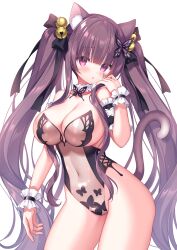 Rule 34 | 1girl, animal ears, arm garter, bell, bow, breasts, brown hair, brown leotard, butterfly hair ornament, cat ears, cat girl, cat tail, choker, cleavage, commentary, commission, covered navel, cowboy shot, frilled choker, frills, hair bow, hair ornament, hand up, highleg, highleg leotard, highres, jingle bell, large breasts, leotard, long hair, looking at viewer, original, parted lips, pixiv commission, purple eyes, sacraneco, see-through, solo, standing, strapless, strapless leotard, sul-lin-a, symbol-only commentary, tail, tail raised, thighs, twintails, very long hair, wrist cuffs