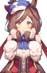 Rule 34 | 1girl, absurdres, animal ears, beret, blush, brown hair, commentary request, detached sleeves, ears through headwear, hair ornament, hairclip, hands in hair, hat, highres, horse ears, horse girl, looking at viewer, matikane tannhauser (umamusume), medium hair, ribbon, simple background, solo, umamusume, white background, yamato (muchuu paradigm), yellow eyes