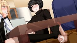 Rule 34 | 2girls, black hair, black legwear, black sweater, blonde hair, blue eyes, blush, breasts, brown eyes, caressing testicles, censored, head rest, clenched teeth, erection, eyebrows, feet, footjob, game cg, grin, indoors, jewelry, large breasts, long hair, long sleeves, looking at another, looking down, mosaic censoring, multiple girls, nanao (udon), nanao yukiji, naughty face, nin shimai: aijou hormone de shiawase botebara seikatsu!?, no shoes, penis, pregnant, ring, short hair, sitting, smile, sweater, table, teeth, testicles, thighhighs, tongue, tongue out, turtleneck, turtleneck sweater, unzipped