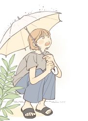 Rule 34 | 1girl, black footwear, blue pants, blush, brown eyes, brown hair, commentary request, dated commentary, full body, grey shirt, highres, holding, holding umbrella, korean commentary, mannerer62, open mouth, original, pants, plant, rain, sandals, shirt, short hair, simple background, solo, squatting, umbrella, white background