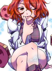 Rule 34 | 1girl, bad id, bad pixiv id, crossed legs, finger in own mouth, hair between eyes, horikawa raiko, jacket, leaning forward, licking lips, looking at viewer, pencil skirt, plaid, plaid shirt, pov, red eyes, red hair, shirt, short hair, sitting, skirt, solo, tongue, tongue out, touhou, toujou (toujou ramen), white jacket, white skirt, wince