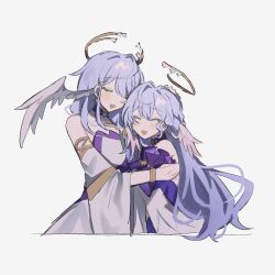 Rule 34 | 2girls, :d, bare shoulders, blue hair, blush, closed eyes, collarbone, cropped torso, detached collar, detached sleeves, dress, facing another, hair between eyes, hair intakes, halo, hand on another&#039;s head, head wings, highres, honkai: star rail, honkai (series), hug, inagoinaire, long hair, long sleeves, mother and daughter, multiple girls, open mouth, robin (honkai: star rail), sidelocks, simple background, smile, strapless, strapless dress, white background, white dress, white sleeves, wings