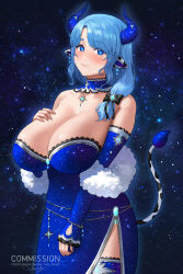 Rule 34 | 1girl, animal ears, black bow, blue dress, blue eyes, blue hair, blue pupils, blush, bow, breasts, bright pupils, cleavage, closed mouth, collarbone, commission, cow ears, cow girl, cow horns, cow tail, cowboy shot, detached collar, detached sleeves, dress, earrings, english text, eyebrows hidden by hair, gem, glowing, hand on own chest, highres, horn ornament, horns, huge breasts, indie virtual youtuber, jewelry, lace, lace-trimmed dress, lace trim, long sleeves, looking at viewer, medium hair, miilkywayz, mole, mole under eye, mole under mouth, nhaliz, pendant, side slit, sleeves past wrists, smile, solo, sparkle, star-shaped pupils, star (symbol), symbol-shaped pupils, tail, thighhighs, virtual youtuber