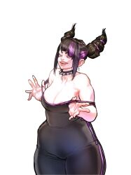 Rule 34 | 1girl, areola slip, birokichi00, bodysuit, breasts, capcom, cleavage, collar, fat, han juri, highres, large breasts, multicolored hair, purple eyes, spiked collar, spikes, street fighter, thick thighs, thighs, two-tone hair