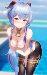 Rule 34 | 1girl, adapted costume, alternate costume, bell, bent over, between legs, black pantyhose, blue hair, blurry, blurry background, blush, breasts, choker, cleavage, collarbone, commentary, competition swimsuit, cowbell, cowboy shot, duplicate, ganyu (genshin impact), genshin impact, hair between eyes, hand between legs, highleg, highleg swimsuit, highres, horns, leaning forward, light blue hair, long hair, looking at viewer, medium breasts, neck bell, one-piece swimsuit, pantyhose, pantyhose under swimsuit, parted lips, purple eyes, shirosaba, sleeveless, solo, sweat, swimsuit, tank top, tareme, taut clothes