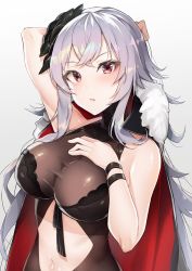 Rule 34 | 1girl, absurdres, alternate costume, arm behind head, azur lane, black one-piece swimsuit, blush, breasts, cleavage, clothing cutout, cross, graf zeppelin (azur lane), graf zeppelin (beachside urd) (azur lane), grey background, groin, hair between eyes, hand on own chest, head tilt, highres, iron cross, jacket, jacket on shoulders, large breasts, long hair, looking at viewer, messy hair, navel, navel cutout, one-piece swimsuit, open mouth, red eyes, sidelocks, silver hair, simple background, solo, swimsuit, taut clothes, taut swimsuit, thighs, upper body, very long hair, wrist straps, yayoichi (yoruyoru108)
