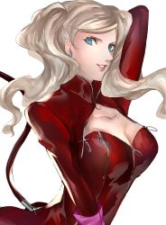Rule 34 | 1girl, arm up, blonde hair, blue eyes, bodysuit, boots, breasts, cat tail, catsuit, cleavage, earrings, gloves, hand on own chest, highres, jewelry, lips, long hair, long sleeves, looking at viewer, looking back, medium breasts, parted lips, persona, persona 5, pertex 777, pink gloves, red bodysuit, red legwear, simple background, solo, tail, takamaki anne, twintails, upper body, white background, zipper