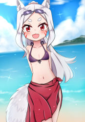 Rule 34 | 1girl, :3, :d, animal ear fluff, animal ears, arms behind back, bare shoulders, bikini, bikini top only, blue sky, blurry, blurry background, blush, cloud, cloudy sky, collarbone, commentary request, day, depth of field, eyewear on head, facial mark, fang, forehead, fox ears, fox girl, fox tail, front-tie top, halterneck, high ponytail, highres, horizon, jiu (sdesd3205), long hair, navel, ocean, open mouth, outdoors, parted bangs, ponytail, purple-framed eyewear, purple bikini, red eyes, red sarong, sarong, sewayaki kitsune no senko-san, shiro (sewayaki kitsune no senko-san), short eyebrows, sidelocks, silver hair, sky, smile, solo, sunglasses, swimsuit, tail, thick eyebrows, v-shaped eyebrows, very long hair, water, whisker markings