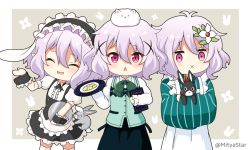 Rule 34 | 3girls, :d, :x, ^ ^, angora rabbit, animal, animal ears, animal hug, animal on head, anko (gochiusa), antenna hair, apron, black hairband, black skirt, blush, center frills, chestnut mouth, closed eyes, closed mouth, collared shirt, commentary request, crossover, crown, fake animal ears, floppy ears, flower, frilled apron, frilled hairband, frills, green kimono, green vest, grey background, hair between eyes, hair flower, hair ornament, hairband, holding, holding tray, japanese clothes, kimono, kokkoro (princess connect!), long sleeves, looking at viewer, maid headdress, menu, mini crown, mitya, multiple girls, multiple persona, on head, open mouth, parted lips, pink hair, pointy ears, princess connect!, puffy short sleeves, puffy sleeves, purple eyes, rabbit, rabbit ears, rabbit house uniform, shirt, short sleeves, skirt, sleeves past wrists, smile, striped clothes, striped kimono, thighhighs, tippy (gochiusa), tray, twitter username, two-tone background, vertical-striped clothes, vertical-striped kimono, vest, waist apron, white apron, white background, white flower, white legwear, white shirt, wide sleeves, wild geese, wrist cuffs