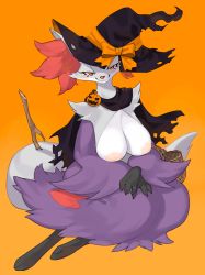 Rule 34 | 1girl, :3, absurdres, alternate color, animal ear fluff, animal ears, animal feet, animal hands, animal nose, basket, black cape, black fur, black hat, blush, blush stickers, body fur, breasts, cape, closed mouth, clothed pokemon, creatures (company), delphox, feet, female focus, fox ears, fox girl, fox tail, full body, furry, furry female, game freak, gen 6 pokemon, gradient background, grey fur, half-closed eyes, halloween, happy, hat, hat ribbon, highres, kame (3t), large areolae, large breasts, looking at viewer, multicolored fur, nintendo, nipples, orange background, orange eyes, orange ribbon, own hands together, pokemon, pokemon (creature), purple fur, ribbon, shiny pokemon, simple background, sitting, smile, solo, stick, tail, tilted headwear, torn cape, torn clothes, torn hat, white fur, witch hat, yokozuwari