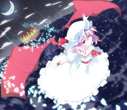 Rule 34 | 1girl, bat wings, dress, fang, female focus, forest, frills, full body, grin, hat, highres, meracle, moon, nature, night, outdoors, petals, plant, purple hair, red eyes, remilia scarlet, ribbon, scarlet devil mansion, sky, smile, solo, star (sky), starry sky, touhou, wings