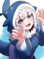 Rule 34 | 1girl, animal hood, blue eyes, blue hair, blue hoodie, drawstring, fins, fish tail, gawr gura, gawr gura (1st costume), hands up, highres, hololive, hololive english, hood, hood up, hoodie, long sleeves, looking at viewer, lower teeth only, multicolored hair, open mouth, shark hood, shark tail, sharp teeth, simple background, smile, solo, streaked hair, sung08ko, tail, teeth, virtual youtuber, white hair
