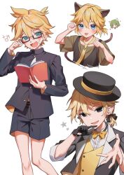 Rule 34 | 1boy, @ @, animal ears, aqua eyes, aruminsuko, blonde hair, blush, book, bow, bowtie, cat ears, character request, commentary, drooling, glasses, gloves, grey eyes, hat, highres, holding, holding book, kagamine len, looking at viewer, mars symbol, mouth drool, multiple views, necktie, paw pose, short hair, shorts, simple background, single glove, smile, star (symbol), tongue, tongue out, vocaloid, white background, yellow necktie