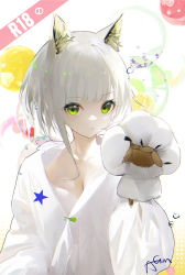 Rule 34 | 1girl, :t, alternate costume, animal ear fluff, animal ears, animal hands, arknights, artist name, balloon, breasts, cat ears, cleavage, closed mouth, collarbone, commentary request, gloves, green eyes, heart, highres, kal&#039;tsit (arknights), long sleeves, medium breasts, omone hokoma agm, pajamas, paw gloves, paw pose, pout, short hair, signature, silver hair, solo, star (symbol), upper body, white background