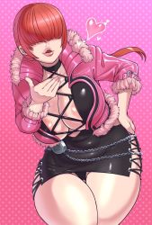 Rule 34 | 1girl, absurdres, areola slip, black choker, black panties, breasts, choker, cleavage, commentary request, curvy, fur trim, hair over eyes, heart, highres, jacket, large areolae, large breasts, lips, minami aomori, panties, parted lips, red hair, shermie (kof), short hair, skirt, solo, the king of fighters, the king of fighters xv, thick thighs, thighs, underwear, wide hips