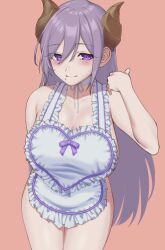 Rule 34 | 1girl, apron, blush, breasts, brown horns, cleavage, closed mouth, commentary request, cowboy shot, demon girl, demon horns, frilled apron, frills, hair between eyes, highres, horns, large breasts, long bangs, long hair, looking at viewer, mole, mole under mouth, naked apron, nanashi inc., pink background, purple hair, saionji mary, sigeru uncommon, simple background, smile, solo, very long hair, virtual youtuber, white apron
