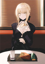 Rule 34 | 1girl, artoria pendragon (all), artoria pendragon (fate), bad id, bad pixiv id, black bow, black dress, blonde hair, bow, braid, braided bun, breasts, burger, cleavage, closed mouth, collarbone, dress, drinking straw, fate/stay night, fate (series), food, gothic lolita, hair bow, hair bun, harukaze (rori 0826), highres, holding, holding food, indoors, lolita fashion, long sleeves, saber alter, short hair with long locks, sidelocks, sitting, small breasts, solo, yellow eyes