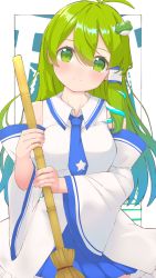 Rule 34 | 1girl, absurdres, ahoge, bare shoulders, blue background, blue necktie, blue skirt, blush, border, breasts, broom, closed mouth, collared shirt, detached sleeves, frog hair ornament, green eyes, green hair, hair between eyes, hair ornament, hair tubes, hands up, highres, holding, holding broom, kochiya sanae, large breasts, long hair, long sleeves, nazawa (nother), necktie, outside border, shirt, skirt, smile, snake hair ornament, solo, standing, star (symbol), star print, touhou, white background, white border, white shirt, wide sleeves