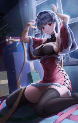 Rule 34 | 1girl, absurdres, black gloves, christmas, commentary, detached sleeves, elbow gloves, gift, gloves, goddess of victory: nikke, grey hair, grey hairband, hair between eyes, hairband, hands up, highres, long hair, looking at viewer, modernia (nikke), parted lips, red eyes, ribbon, skindentation, slime nyang, smile, solo, thighhighs, very long hair