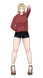 Rule 34 | 1girl, bike shorts, black shorts, blonde hair, chainsaw man, full body, hand in pocket, hand up, highres, hood, hoodie, red eyes, red hoodie, sawatari akane (chainsaw man), shoes, short hair, shorts, sidneyholic, simple background, socks, solo, standing, white background, white socks