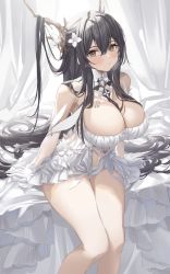 Rule 34 | 1girl, antlers, azur lane, between breasts, black hair, blush, breasts, cleavage, cleavage cutout, clothing cutout, dress, feet out of frame, flower, frilled dress, frills, gloves, green eyes, hair between eyes, hair flower, hair ornament, highres, horns, indomitable (azur lane), large breasts, long hair, looking at viewer, navel, on bed, revealing clothes, sg (satoumogumogu), sidelocks, sitting, solo, thighs, very long hair, white flower, white gloves