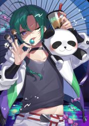 Rule 34 | 1other, absurdres, ahoge, androgynous, black choker, black nails, black shirt, bubble tea, candy, choker, collarbone, commentary, drinking straw, earrings, food, green hair, green jacket, hair between eyes, highres, holding, huge filesize, jacket, jewelry, kan&#039;yu (citron 82), multicolored clothes, multicolored jacket, nail polish, nijisanji, pants, purple eyes, purple jacket, ryuushen, shirt, short hair, solo, stuffed animal, stuffed toy, teddy bear, tongue, tongue out, virtual youtuber, white jacket