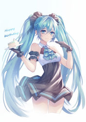 Rule 34 | 1girl, absurdly long hair, absurdres, anniversary, aqua eyes, aqua hair, arm strap, artist name, artist request, black gloves, black skirt, blue eyes, blue hair, breasts, cake, closed mouth, cowboy shot, cropped legs, female focus, floating hair, food, fork, gloves, hair between eyes, hatsune miku, high-waist skirt, highres, holding, holding fork, holding plate, kirby d a, long hair, looking at viewer, md5 mismatch, miniskirt, photoshop (medium), plate, pleated skirt, simple background, skirt, sleeveless, small breasts, smile, solo, standing, twintails, very long hair, vocaloid, white background