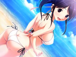 Rule 34 | 1girl, aneimo neo + second sister, ass, back, bare shoulders, beach, bikini, blue hair, breasts, cloud, game cg, happy, large breasts, long hair, looking back, ocean, open mouth, pink eyes, ponytail, shinonome kazuhiko, sideboob, sky, smile, solo, standing, sunlight, swimsuit, thighs, water