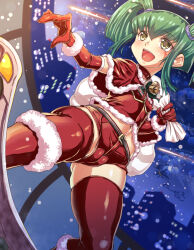 Rule 34 | 1girl, blush, breasts, cameltoe, christmas, cleft of venus, duplicate, female focus, green hair, hajime shindo, holding, long hair, luca (yu-gi-oh!), open mouth, outdoors, partially visible vulva, red thighhighs, rotated, santa costume, shiny skin, short shorts, shorts, skateboard, sky, small breasts, smile, snowing, solo, thighhighs, twintails, yu-gi-oh!, yu-gi-oh! 5d&#039;s