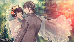 Rule 34 | 1boy, 1girl, bare shoulders, black hair, black suit, bridal veil, bride, copyright name, dress, eye contact, flower, formal, hair flower, hair ornament, jewelry, kasumi (tw), lipstick, looking at another, makeup, necklace, outdoors, psychic hearts, red eyes, smile, suit, sunset, upper body, veil, wedding dress, white dress