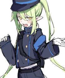 Rule 34 | 1girl, azuma shino, black hat, black jacket, blue archive, blush, fang, gloves, green hair, hat, nozomi (blue archive), jacket, long hair, open mouth, peaked cap, pleated skirt, pointy ears, skin fang, skirt, solo, uniform, very long hair, white background, white gloves