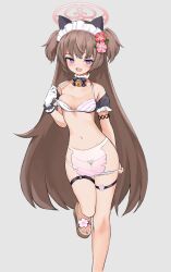 Rule 34 | 1girl, absurdres, animal ears, apron, bare shoulders, bell, bikini, bikini pull, blue archive, blush, breasts, brown hair, choker, clothes pull, feet up, flower, gloves, grey background, groin, hair flower, hair ornament, halo, highres, long hair, looking at viewer, maid headdress, navel, open mouth, pubic hair, pulled by self, purple eyes, sandals, see-through apron, shiu kyu, shizuko (blue archive), shizuko (swimsuit) (blue archive), simple background, small breasts, smile, solo, standing, standing on one leg, swimsuit, thigh strap, two side up, undressing, very long hair, white bikini, white gloves