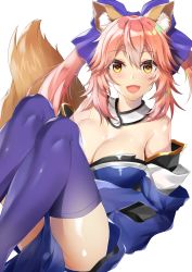 Rule 34 | 10s, 1girl, absurdres, animal ear fluff, animal ears, atora, bad id, bad pixiv id, bare shoulders, blue ribbon, blue thighhighs, blush, breasts, cleavage, detached sleeves, fang, fate/extra, fate/grand order, fate (series), fox ears, fox girl, fox tail, hair ribbon, highres, japanese clothes, large breasts, looking at viewer, open mouth, pink hair, ribbon, simple background, solo, tail, tamamo (fate), tamamo no mae (fate/extra), thighhighs, white background, yellow eyes