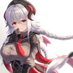 Rule 34 | 1girl, aiguillette, azur lane, beret, black gloves, black hat, blush, braid, breasts, buran (22x), closed mouth, corset, elbow gloves, epaulettes, gloves, grey shirt, hand on own face, hat, highres, horns, large breasts, long hair, long sleeves, looking at viewer, necktie, nurnberg (azur lane), red eyes, red necktie, shirt, simple background, smile, solo, twin braids, underbust, upper body, very long hair, white background